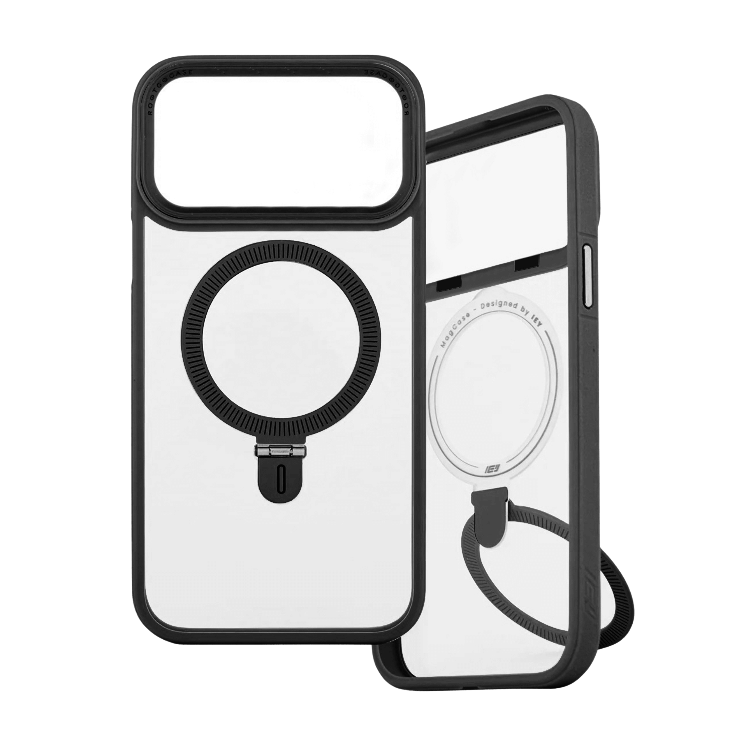Funda MagSafe transparente con bordes negro y anillo integrado, incluye soporte trasero tipo ring grip del mismo color #color_negro