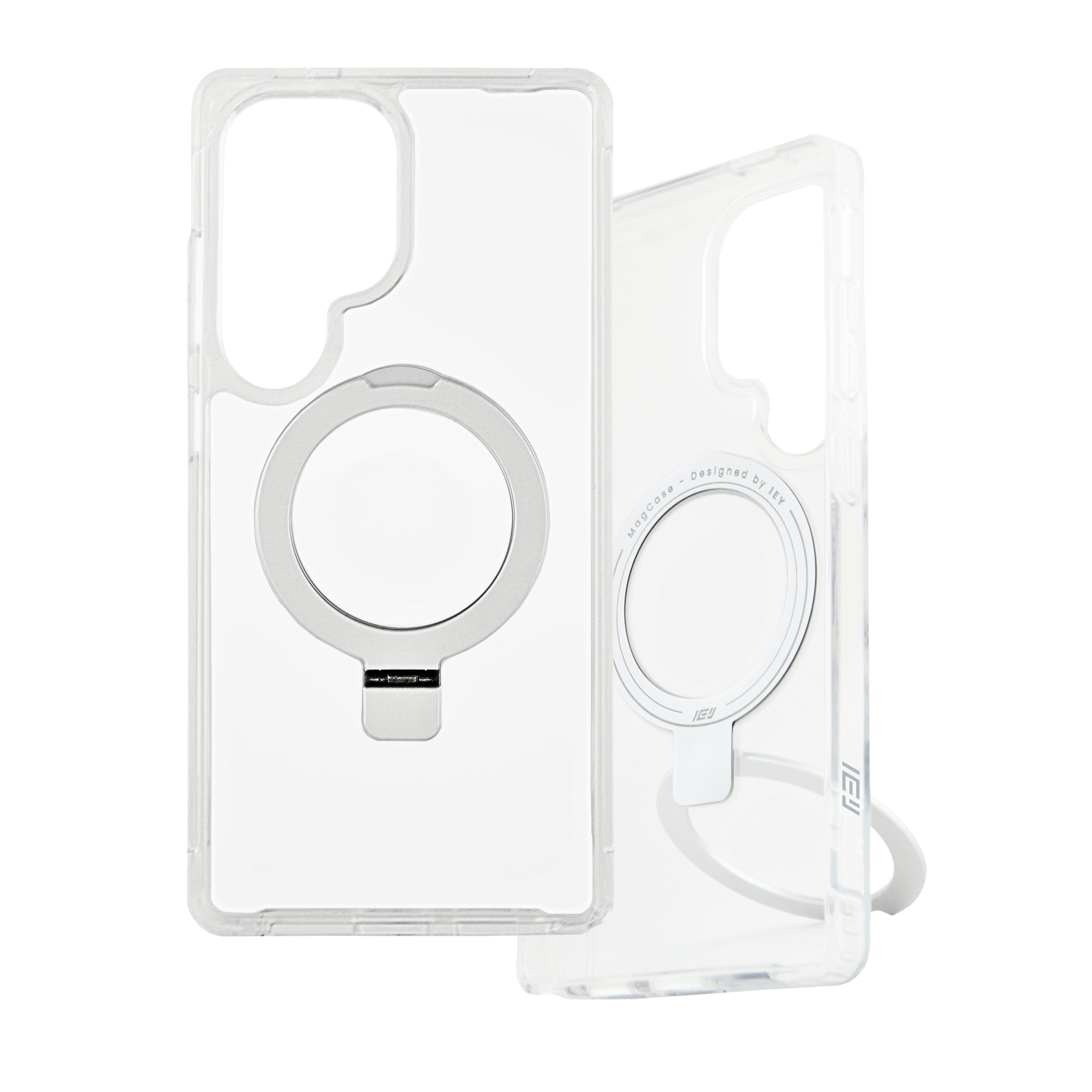Funda Samsung MagSafe transparente con aro magnético y soporte plegable, vista frontal y posterior. #color_transparente