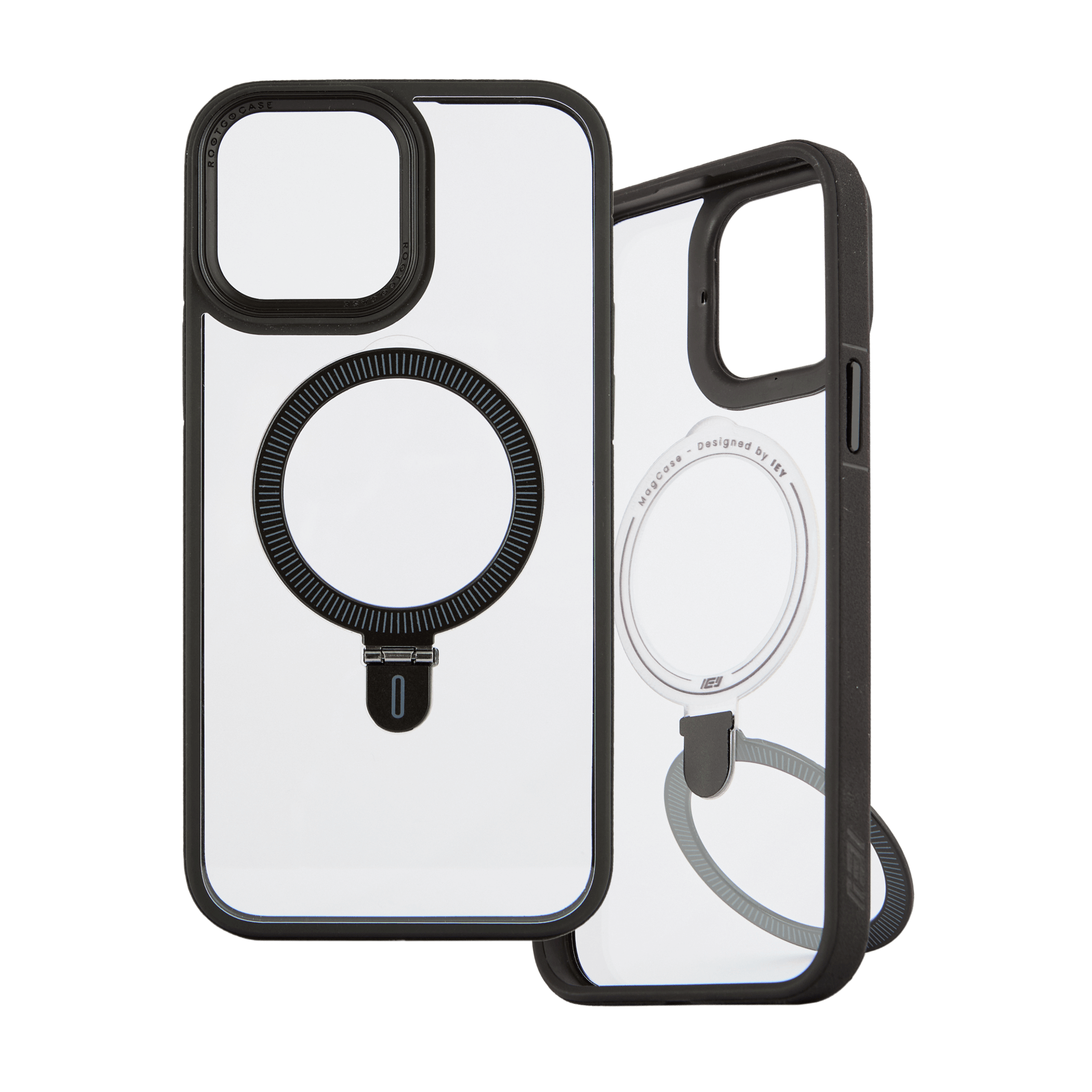 Funda transparente con bordes negros, anillo magnético MagSafe y soporte tipo ring grip, vista frontal y trasera del producto 