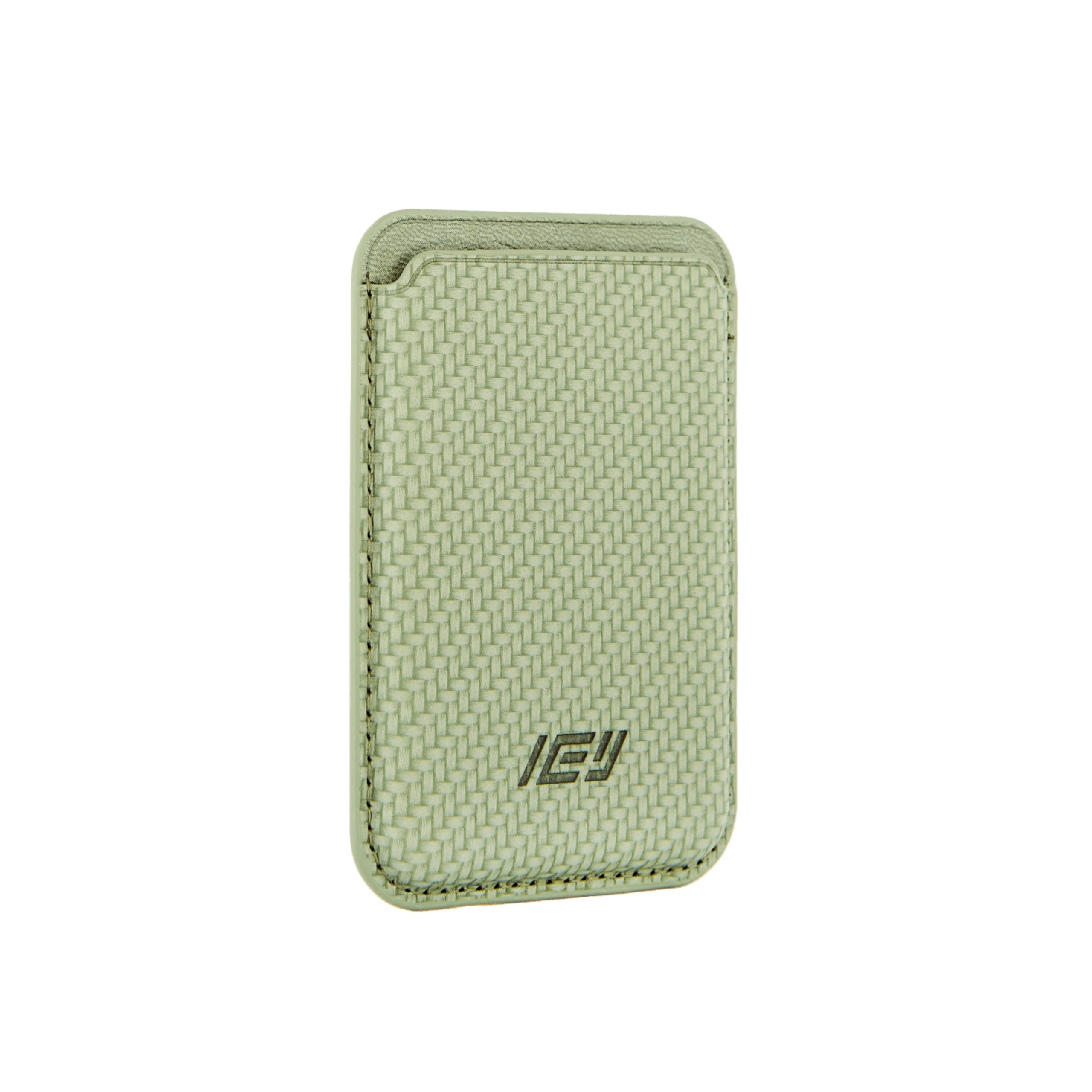 Billetera MagWallet color verde vista diagonal. Textura tejida en la cara frontal con logo IEY.  #color_verde