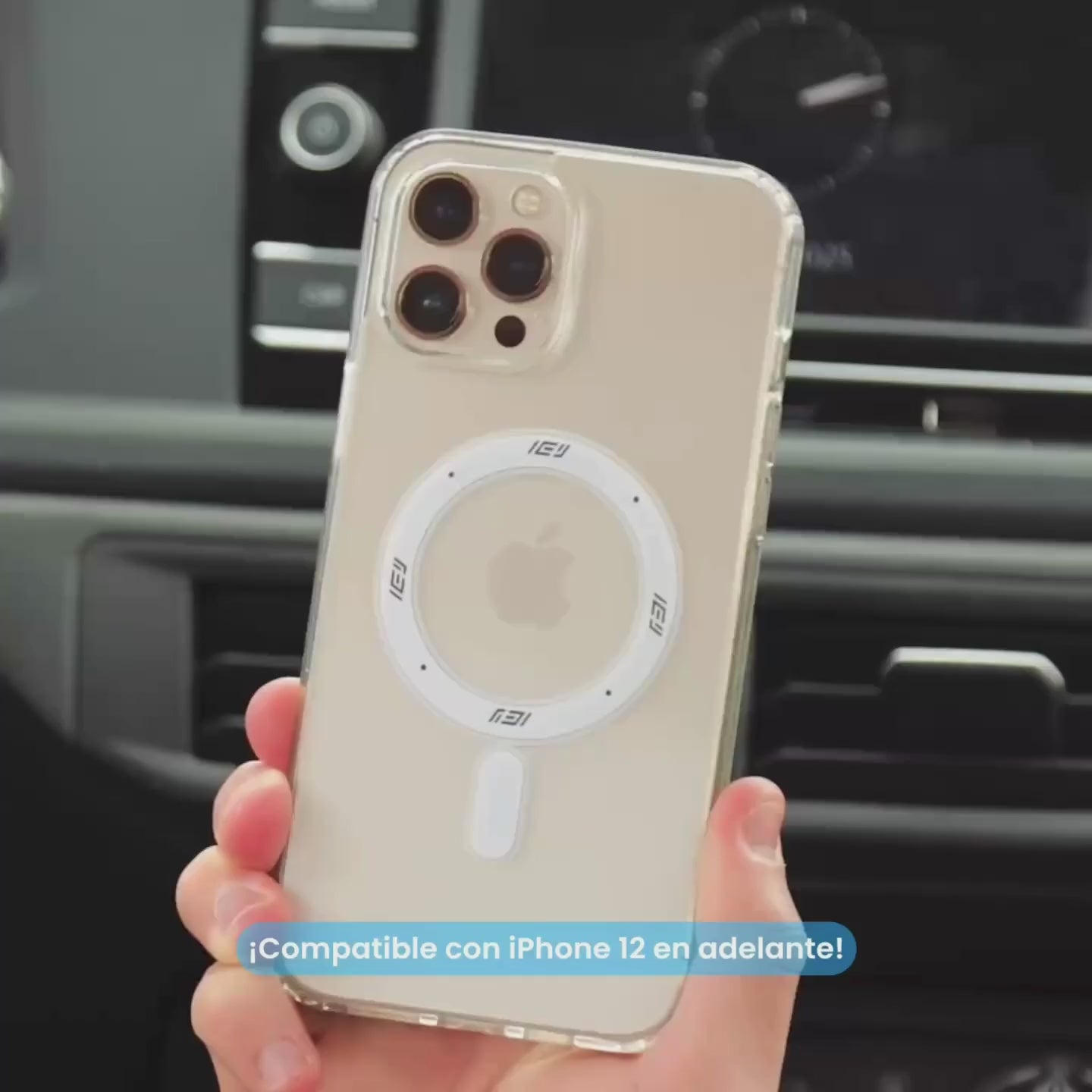 Vista trasera de iPhone con anillo magnético compatible con MagSafe para uso con cargadores inalámbricos de auto