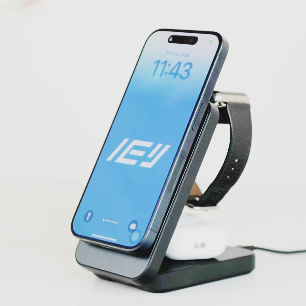 Estación de carga Plegable MagCharger 3 en 1 con el modo espera de IOS 17 de la marca IEY #color_negro