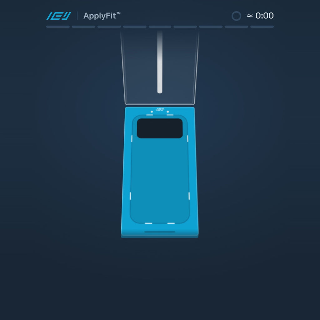 Tutorial animado de instalación del vidrio templado ApplyFit™ de IEY® en 9 pasos: limpieza del iPhone, alineación con aplicador y adhesión guiada en aproximadamente 1 minuto.