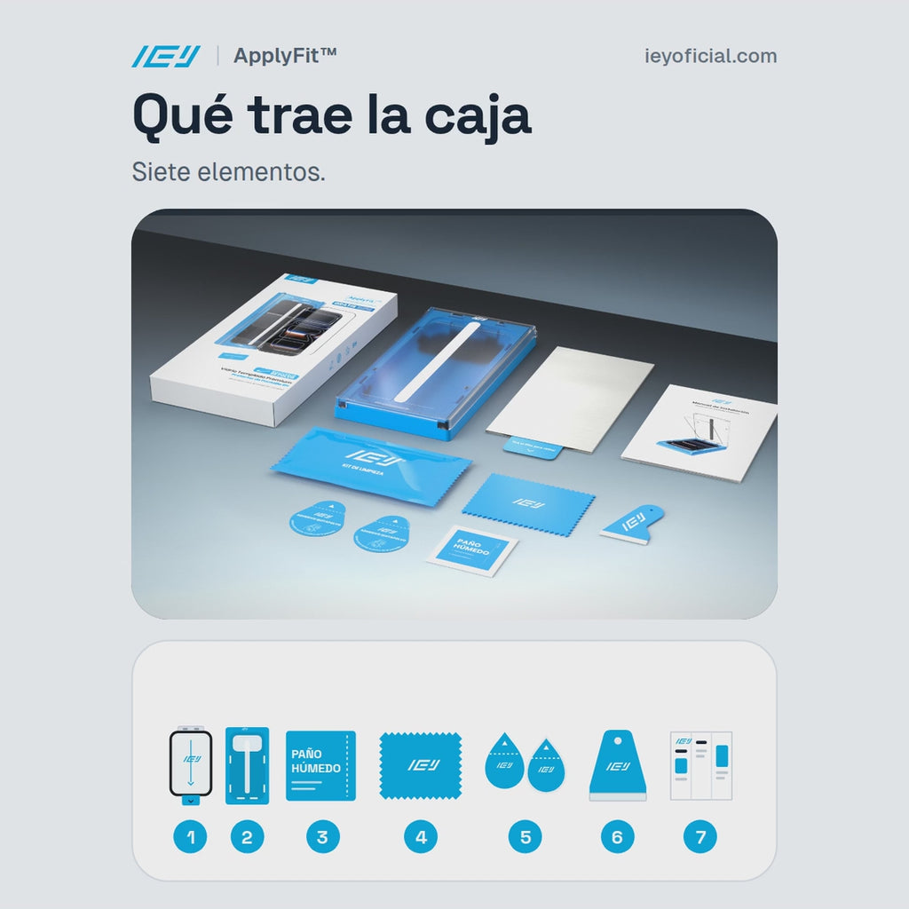 Video del kit completo ApplyFit™ de IEY® para iPhone: vidrio templado, aplicador guiado, paño húmedo, microfibra, adhesivos quitapolvo, espátula y manual.