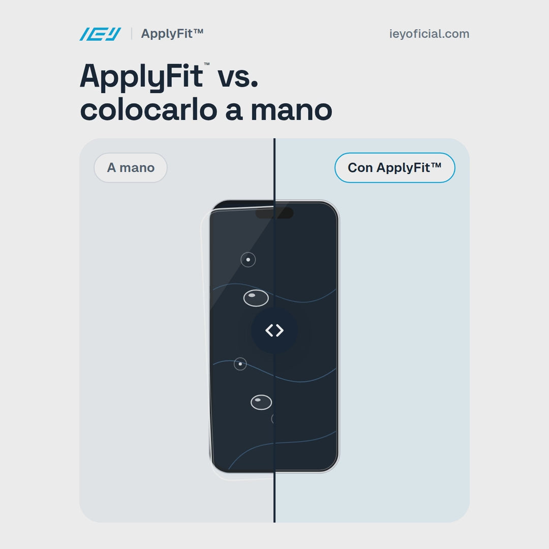 Video comparativo de instalación manual de vidrio templado frente al sistema ApplyFit™ de IEY®, mostrando alineación guiada, limpieza incluida y adhesión uniforme.