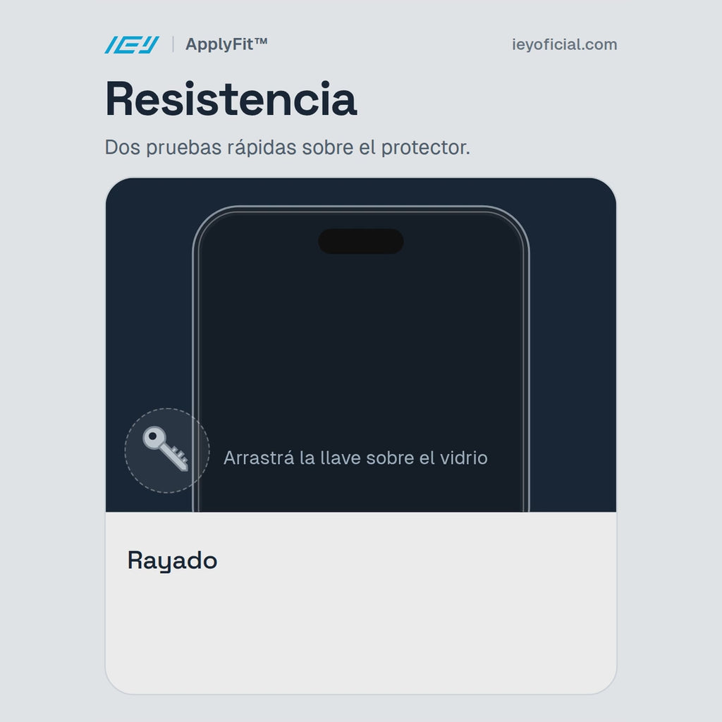 Video interactivo sobre la resistencia del vidrio templado ApplyFit™ de IEY®, con simulaciones de protección contra rayaduras e impactos sobre la pantalla.